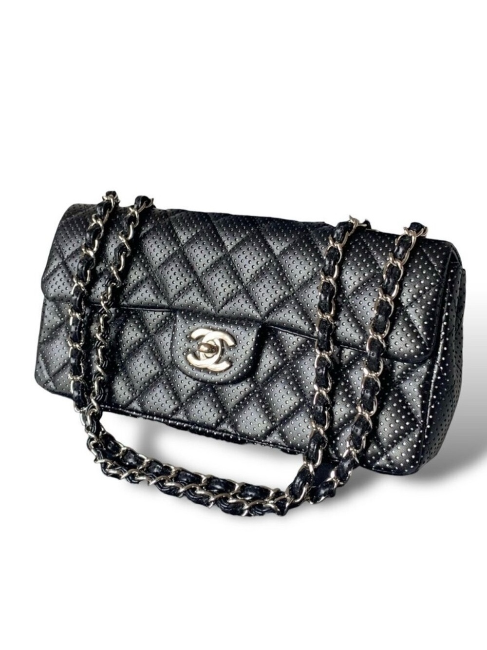 Chanel East West Classic Shoulder Flap Bag Quilted Black Perforated Leather